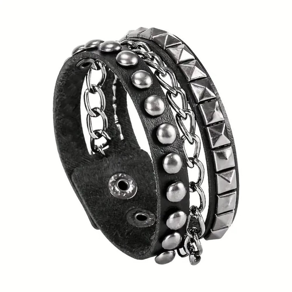 Cuff Bracelet Leather Punk Stud Chain Rivet Wrist Bangle Goth Edgy Rock Stylish
